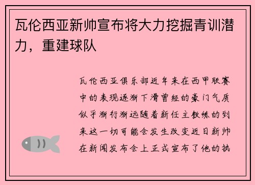 瓦伦西亚新帅宣布将大力挖掘青训潜力，重建球队